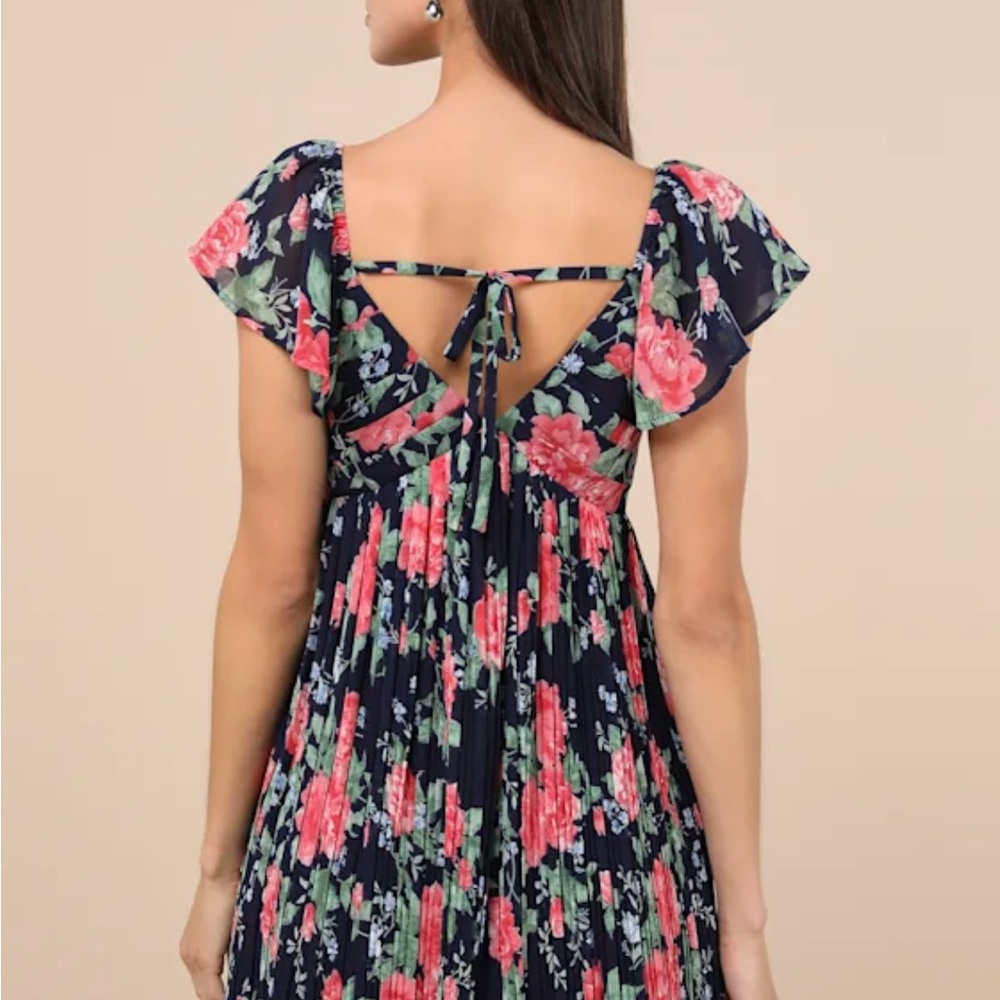 NWT Amalfi Coast Dark Navy Floral Pleated Flutter Sleeve Mini Babydoll Dress XL - Picture 4 of 12